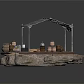 Rustic Outdoor Stall With Gray Roof Wooden Platform Stone Base And Clay Pots