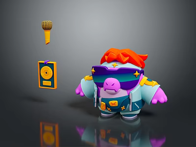 Pig Shaped Game Movie Character With Orange Hair Purple Sunglasses Golden Microphone And Record Player 3d model