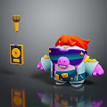 Pig Shaped Game Movie Character With Orange Hair Purple Sunglasses Golden Microphone And Record Player