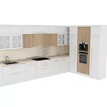 Modern White Kitchen Cabinets With Wooden Accents Countertop Sink And Oven