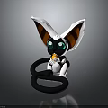Cute Fantasy Creature With Large Striped Ears Green Eyes Holding Small Orange Item And Black Rings