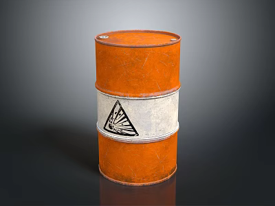 Rusty Orange Metal Barrel With White Band And Black Triangular Symbol 3d model