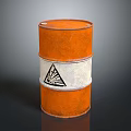 Rusty Orange Metal Barrel With White Band And Black Triangular Symbol