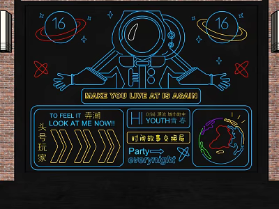 Decorative Neon Lights With Astronaut Design Planets 16 MAIN And Party Themed Text 3d model