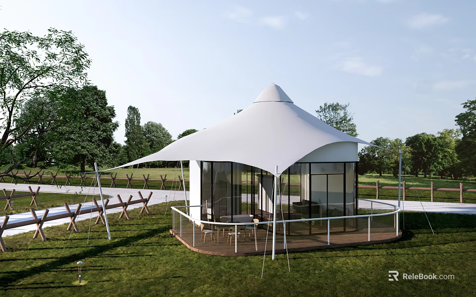 White Luxury Glamping Tent With Full Glass Walls And Cozy Outdoor Terrace On Green Meadow 3d model 