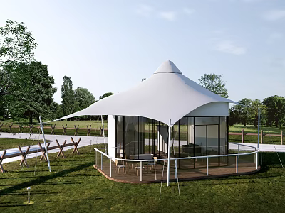 White Luxury Glamping Tent With Full Glass Walls And Cozy Outdoor Terrace On Green Meadow 3d model