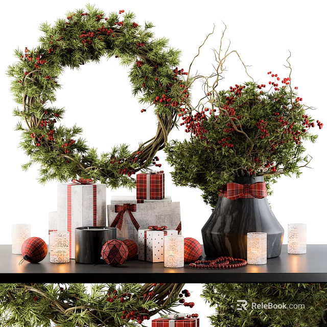 Christmas Decorative Ornaments Set With Wreath Red Berries Gift Boxes Candles And Bow Tied Vase 3d model 