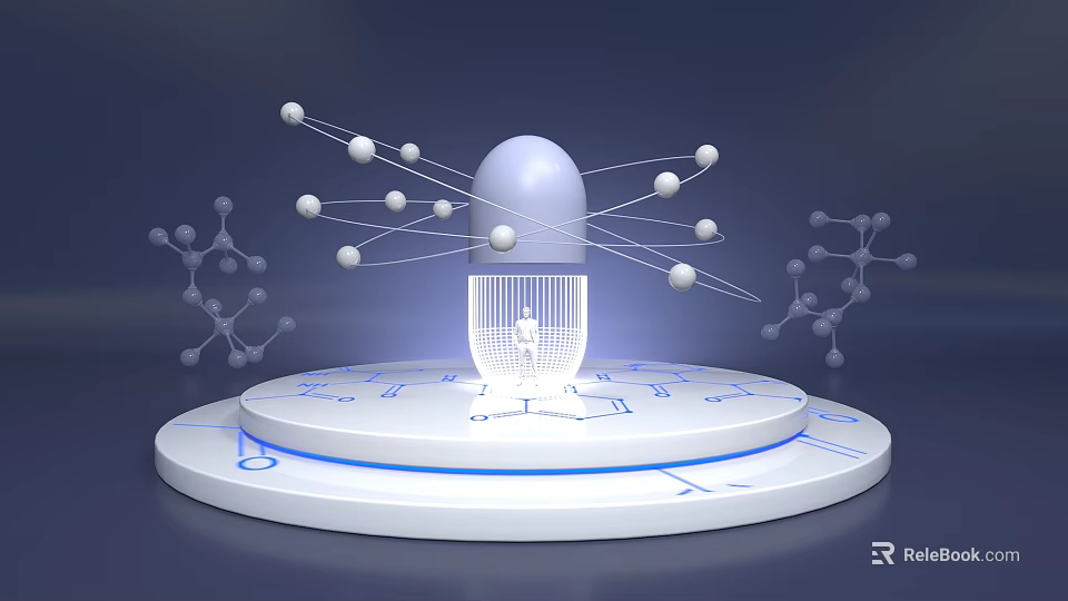 Capsule Shaped Commercial Equipment With Molecular Structures And Orbital Spheres On Tech Platform 3d model 