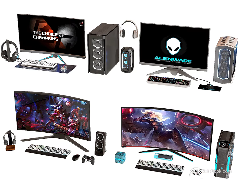 Gaming Computer Setup With Curved Monitors PC Towers Headphones Keyboards Mice Controllers 3d model 