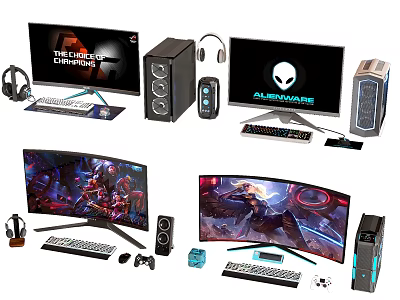 Gaming Computer Setup With Curved Monitors PC Towers Headphones Keyboards Mice Controllers 3d model