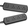 Two Black Power Strips With Switches And Three Outlets Each For Home Use