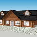 Log Cabin Exterior With Gray Roof Brown Wooden Walls White Door And Dormer Windows