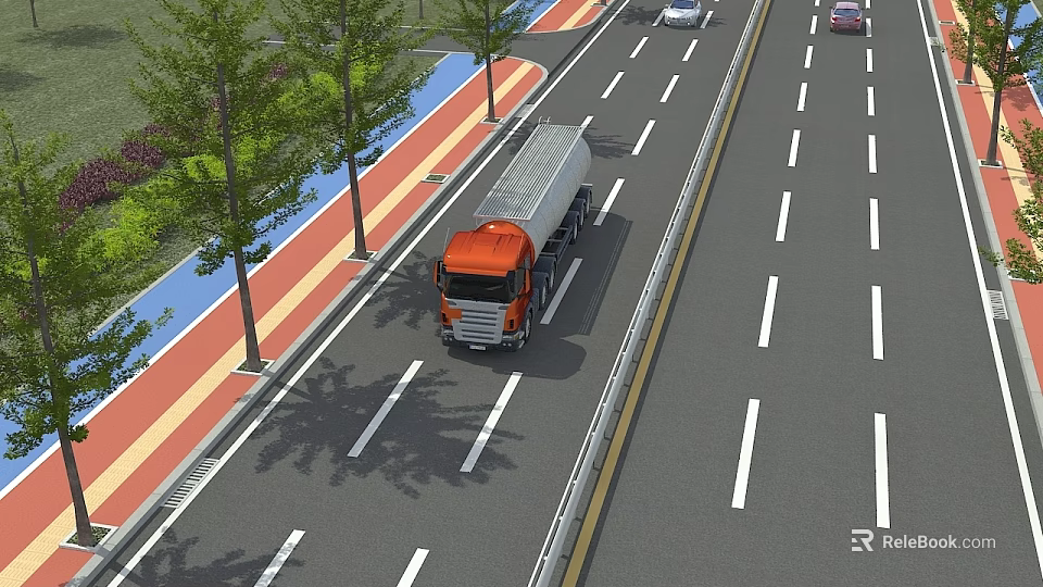 Urban Road Infrastructure Featuring Multiple Lanes Vehicles Green Belts And Colored Sidewalks 3d model 