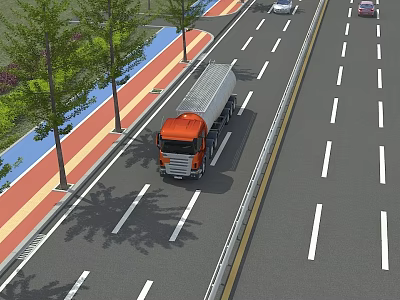 Urban Road Infrastructure Featuring Multiple Lanes Vehicles Green Belts And Colored Sidewalks 3d model