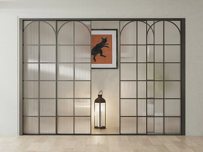 Modern Glass Sliding Doors with Black Frame in Interior Featuring Cat Wall Art and Lantern 3d model