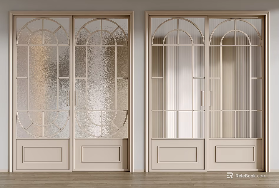 Light Colored Sliding Doors With Glass Panels And Decorative Grid Patterns For Interior Space 3d model 