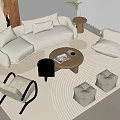 Modern Sofa and Coffee Table Set With Beige Upholstery Throw Pillows Round Table and Stools