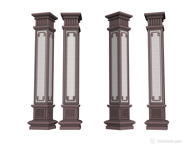 Decorative Four Brown Pillars With Light Panels And Carved Bases 3d model 