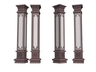 Decorative Four Brown Pillars With Light Panels And Carved Bases 3d model