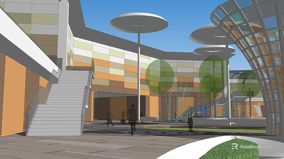 Modern Architecture Open Plaza With Colorful Exterior Walls Circular Canopies Stairs Fountain Trees And Pedestrians 3d model 