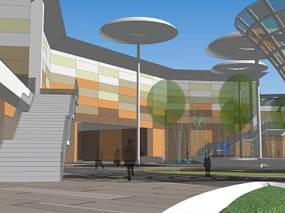 Modern Architecture Open Plaza With Colorful Exterior Walls Circular Canopies Stairs Fountain Trees And Pedestrians 3d model