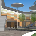 Modern Architecture Open Plaza With Colorful Exterior Walls Circular Canopies Stairs Fountain Trees And Pedestrians