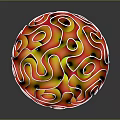 Decorative Sphere with Red Green Yellow Hues and White Curvy Patterns on Glossy Vibrant Surface