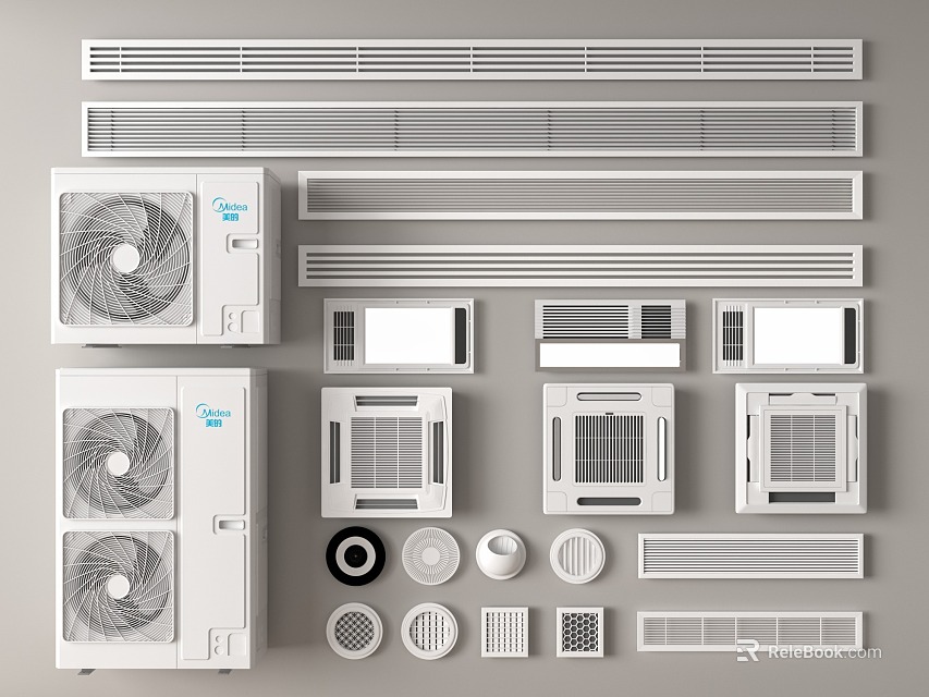 Various Types Of Air Conditioner Vents With Exterior Units And Grille Designs 3d model 
