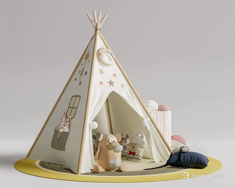 Kids Teepee Tent With Star Moon Decor And Stuffed Animals On Yellow Mat 3d model 