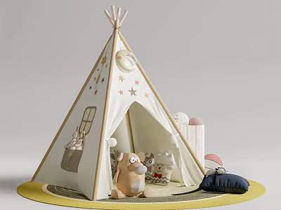 Kids Teepee Tent With Star Moon Decor And Stuffed Animals On Yellow Mat 3d model