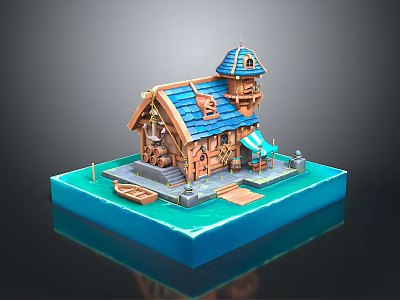 Wooden Waterfront Cottage With Blue Roof Small Boat Steps And Dock Display Model 3d model