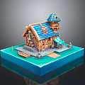 Wooden Waterfront Cottage With Blue Roof Small Boat Steps And Dock Display Model