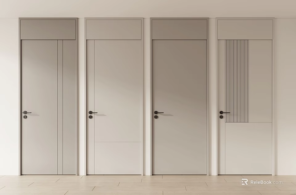 Modern Minimalist Flush Doors In Light Gray Beige With Vertical Stripes And Metal Handles 3d model 