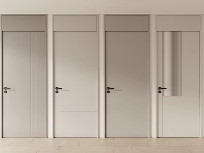 Modern Minimalist Flush Doors In Light Gray Beige With Vertical Stripes And Metal Handles 3d model