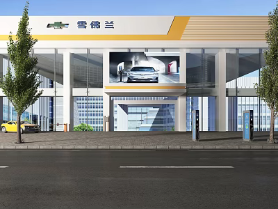 Modern Chevrolet Showroom With Glass Facade Large Screen And Charging Stations 3d model