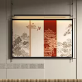 Abstract Painting With Red Gold Tones And Traditional Architectural Pattern Elements For Wall Art
