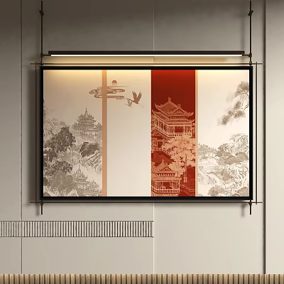 Abstract Painting With Red Gold Tones And Traditional Architectural Pattern Elements For Wall Art 3d model