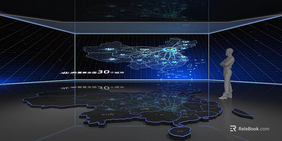 Digital China Map Display With 30 Cities Data Visualization And Human Figure Standing 3d model