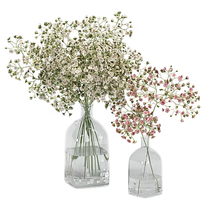 Transparent Glass Vases With White And Pink Flowers In Different Sizes 3d model