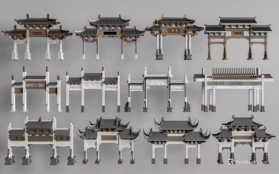 Traditional Chinese Memorial Archways With Diverse Classical Architectural Styles And Structures 3d model 
