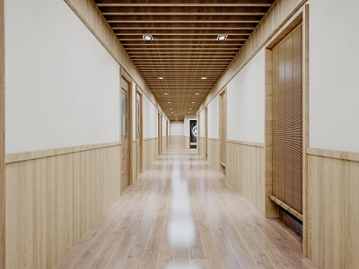 Spacious Elevator Hallway Interior With Wooden Walls Flooring And Ceiling Lights 3d model
