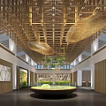 Modern Sales Office Interior With Wooden Lattice Ceiling And Woven Pendant Lights