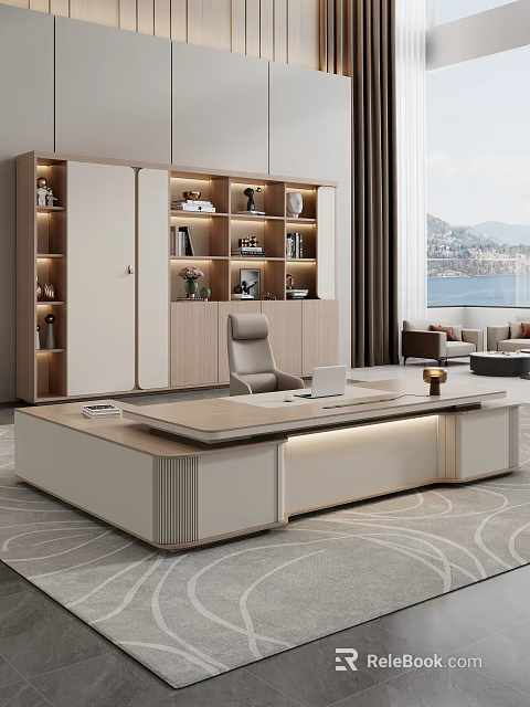 Modern Wooden Office Desk With Ergonomic Chair Laptop And Bookshelf View 3d model 