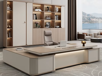 Modern Wooden Office Desk With Ergonomic Chair Laptop And Bookshelf View 3d model