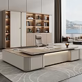 Modern Wooden Office Desk With Ergonomic Chair Laptop And Bookshelf View