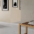Minimalist Gallery Space With Framed Black White Photos And Wooden Bench
