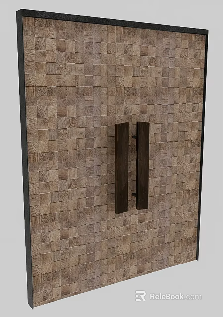 Modern Sliding Door Design With Wooden Mosaic Panel And Dark Metal Handles 3d model 