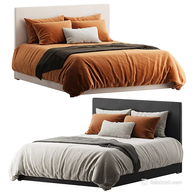 Modern Double Bed Design With Orange White Bedding Gray Blanket And Headboard 3d model