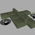 Modern Green Modular Sectional Sofa With Round Coffee Tables And Plants 3d model
