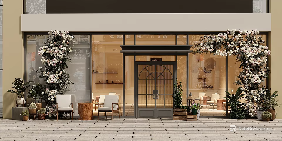 Stylish Shopping Mall Storefront With Glass Windows Flower Decor Green Plants And Wooden Chairs 3d model 